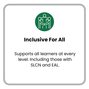 Inclusive for all section showing support for learners at every level, including those with SLCN and EAL.