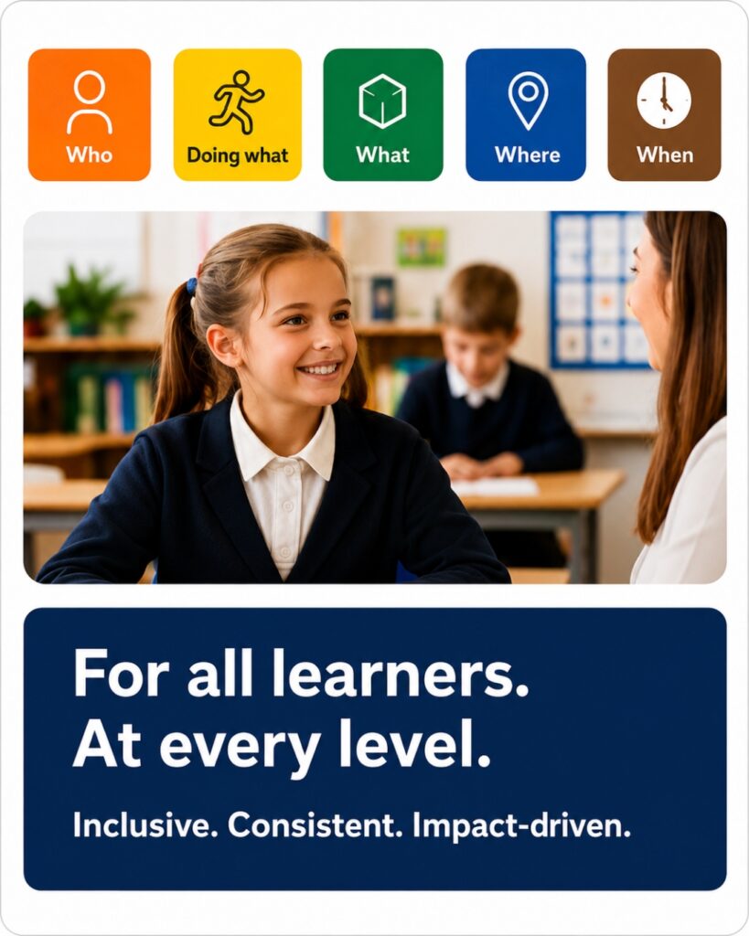 Colourful Semantics visual showing Who, Doing What, What, Where and When icons above a classroom image, with the message: “For all learners. At every level.”