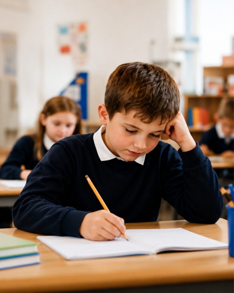 School pupil working on a writing task in the classroom, highlighting the language and literacy challenges supported by the ITS Connect and Write Framework.