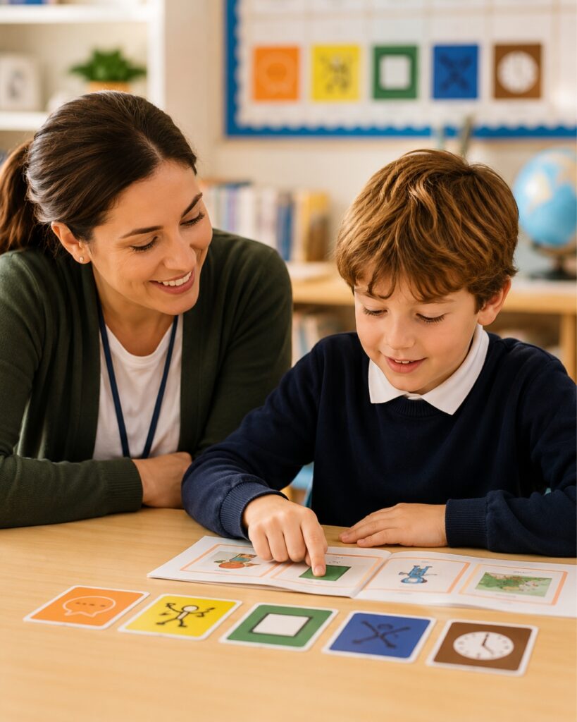 Teacher supporting a pupil with Colourful Semantics cards in a classroom, showing a visual approach to developing language, sentence structure and understanding.