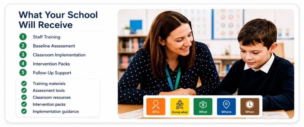 ITS Connect and Write Framework overview showing school support, training materials, assessment tools, classroom resources and Colourful Semantics implementation guidance.