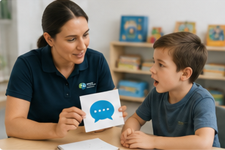 Speech and language therapist supporting a pupil.