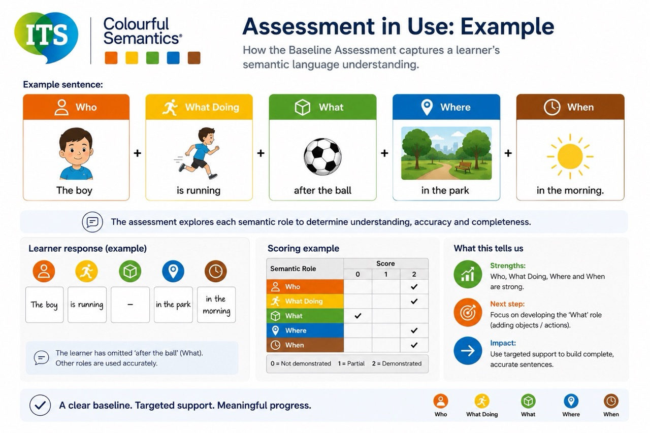 Colourful Semantics Baseline Assessment example showing Who, What Doing, What, Where and When in use